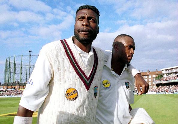 3 Sep 2000: The West Indies bowling partnership Courtney Walsh and Curtly Ambrose walk off together for the last time in a Test Match